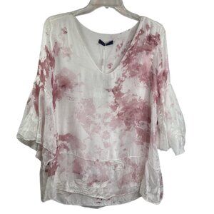 Lola Women's Silk Blend V-Neck 3/4 Sleeve Blouse Crochet Size S White/Rose NWT